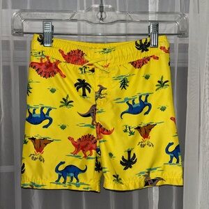 Kids Yellow Dinosaur Swim Trunks with Colorful Print